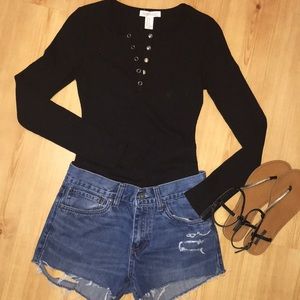 Black ribbed button down top